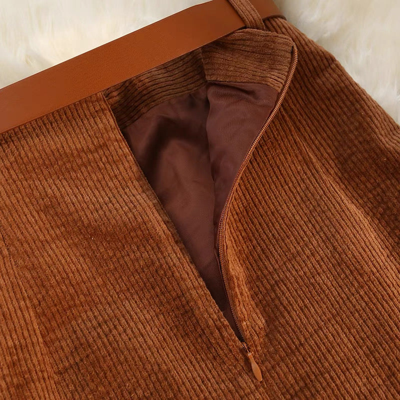 Corduroy Midi A-Line Skirt with Front Slit