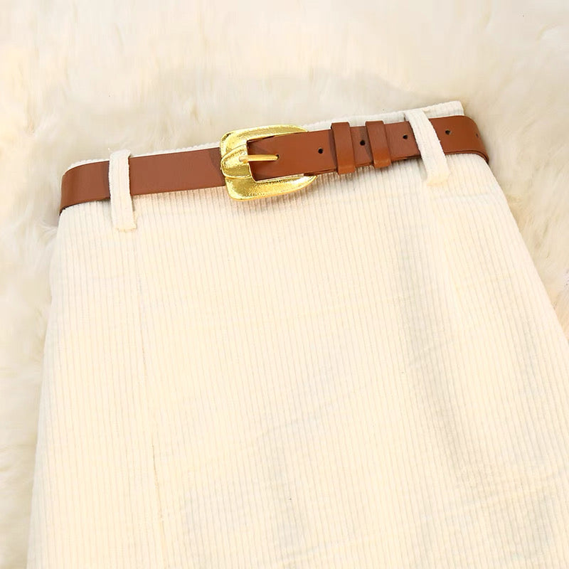 Corduroy Midi A-Line Skirt with Front Slit