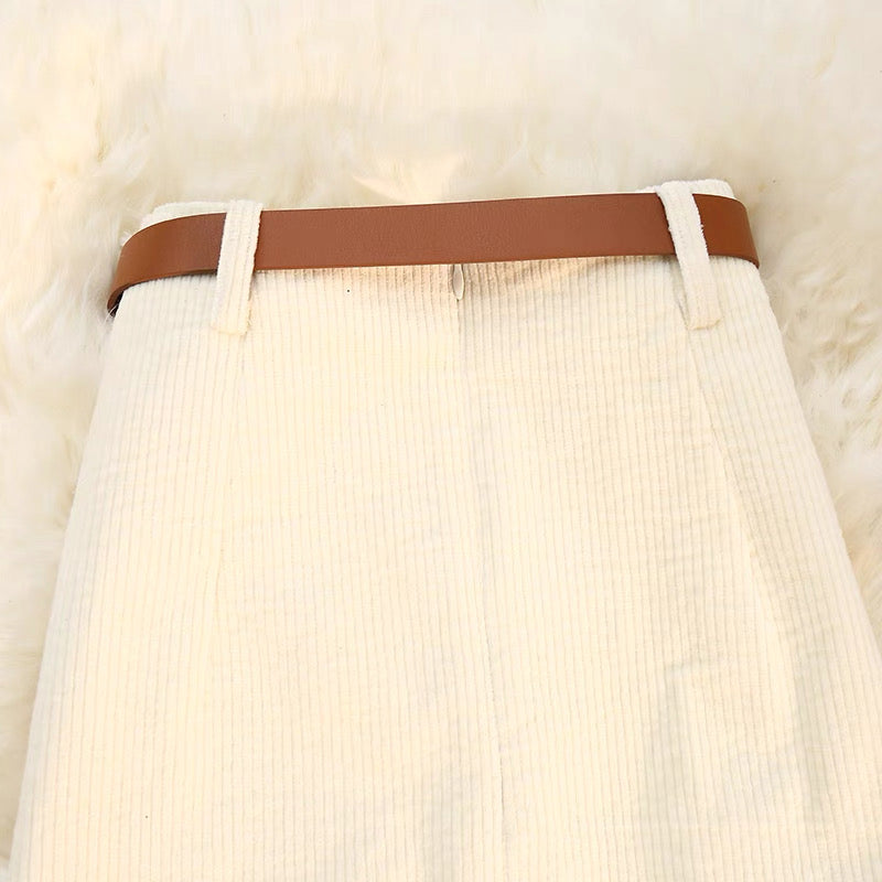 Corduroy Midi A-Line Skirt with Front Slit