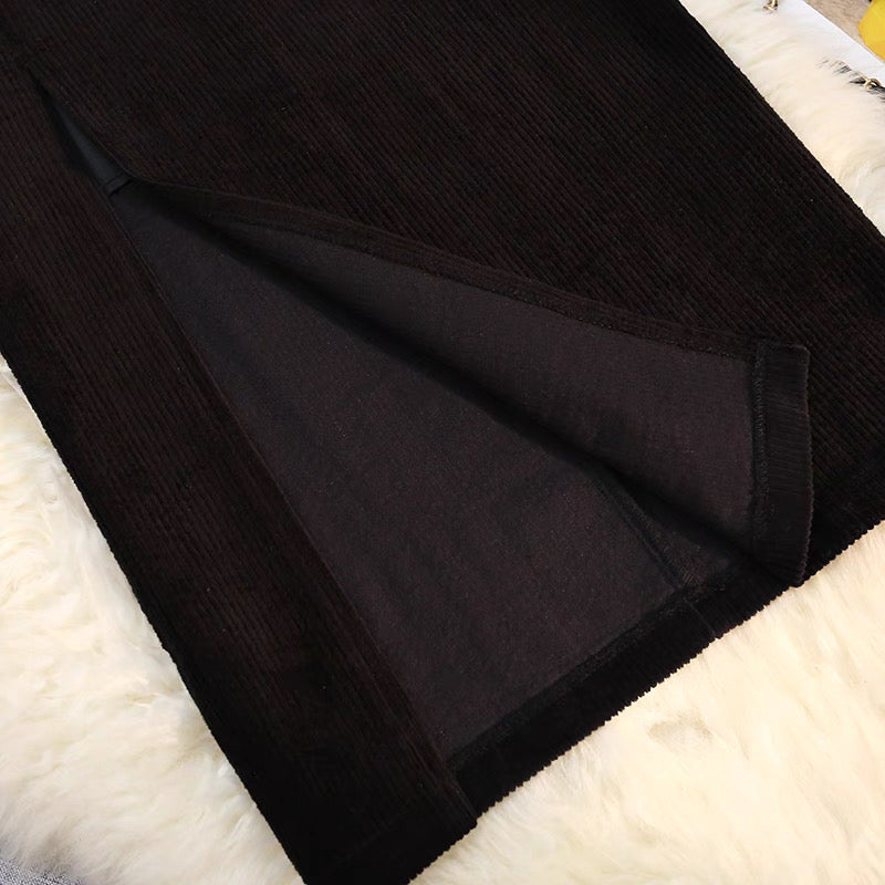 Corduroy Midi A-Line Skirt with Front Slit