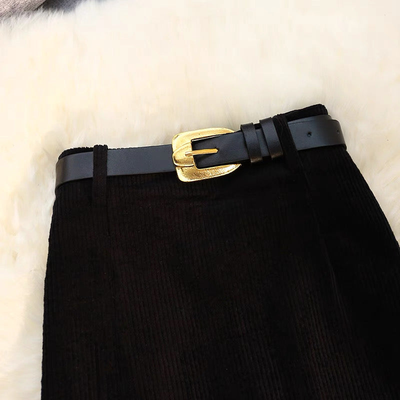 Corduroy Midi A-Line Skirt with Front Slit