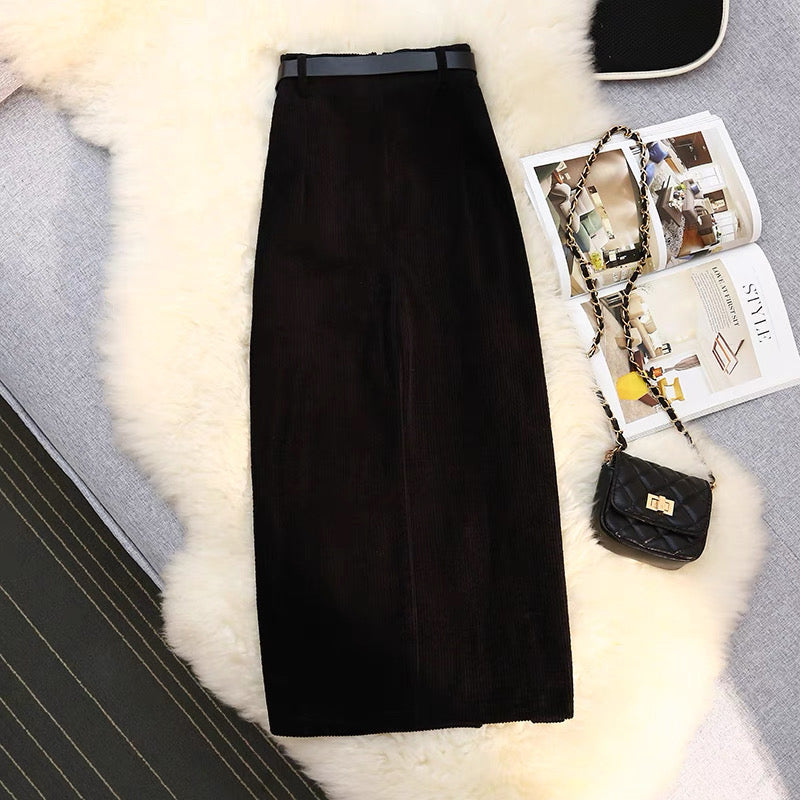 Corduroy Midi A-Line Skirt with Front Slit