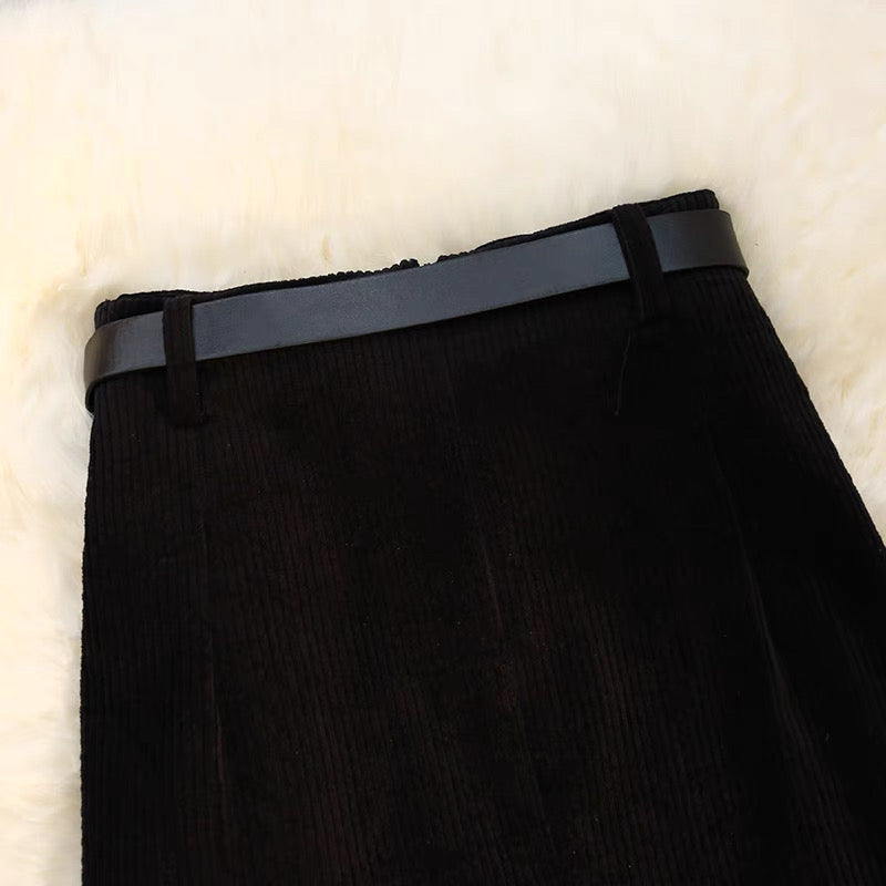 Corduroy Midi A-Line Skirt with Front Slit