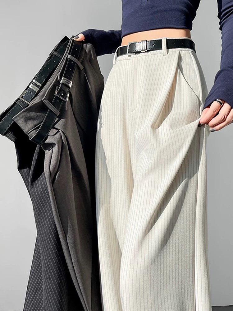 Women’s Cream Pinstripe Wide Leg Pants – Minimalist Chic Trousers