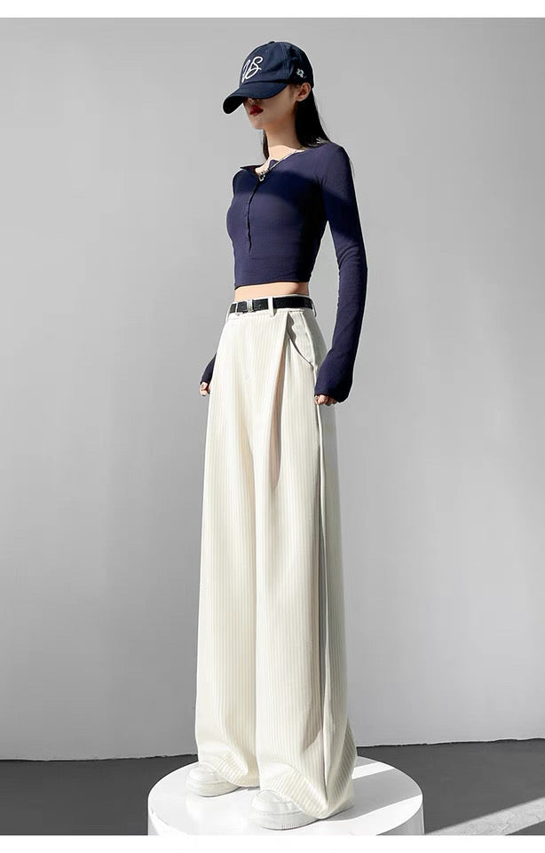 Women’s Cream Pinstripe Wide Leg Pants – Minimalist Chic Trousers
