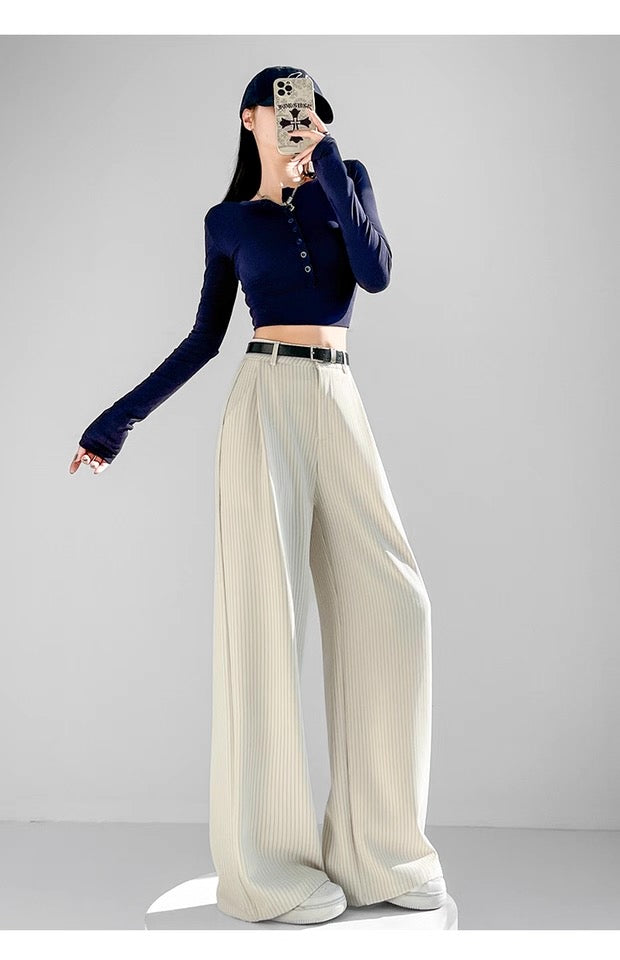 Women’s Cream Pinstripe Wide Leg Pants – Minimalist Chic Trousers