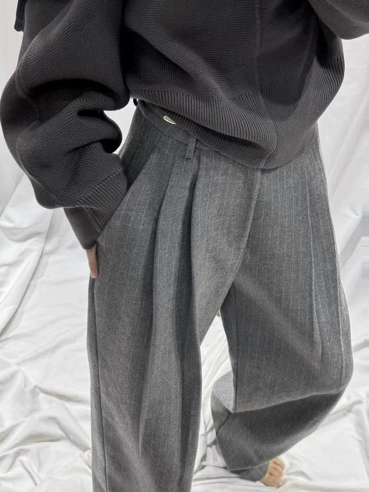 Grey Pinstripe Wide Leg Trousers – Minimalist Workwear Pants