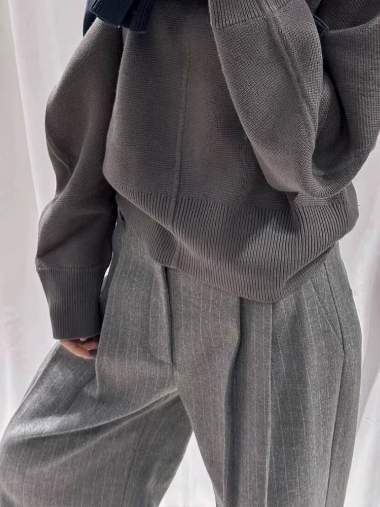 Grey Pinstripe Wide Leg Trousers – Minimalist Workwear Pants