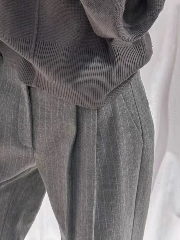 Grey Pinstripe Wide Leg Trousers – Minimalist Workwear Pants