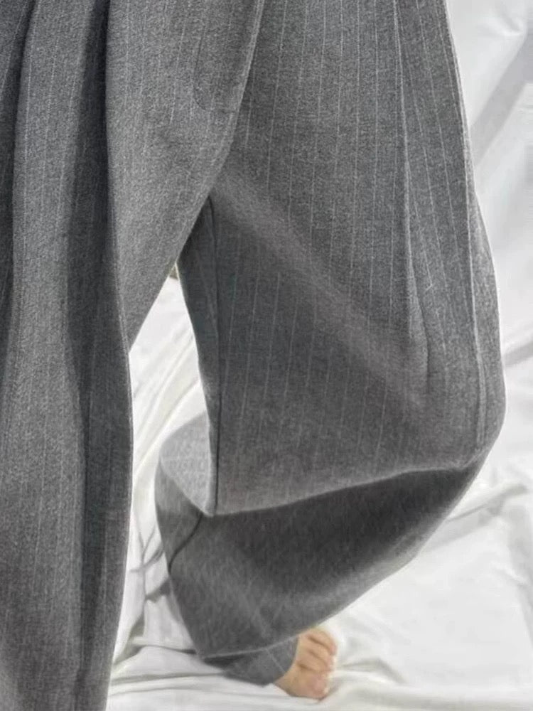 Grey Pinstripe Wide Leg Trousers – Minimalist Workwear Pants
