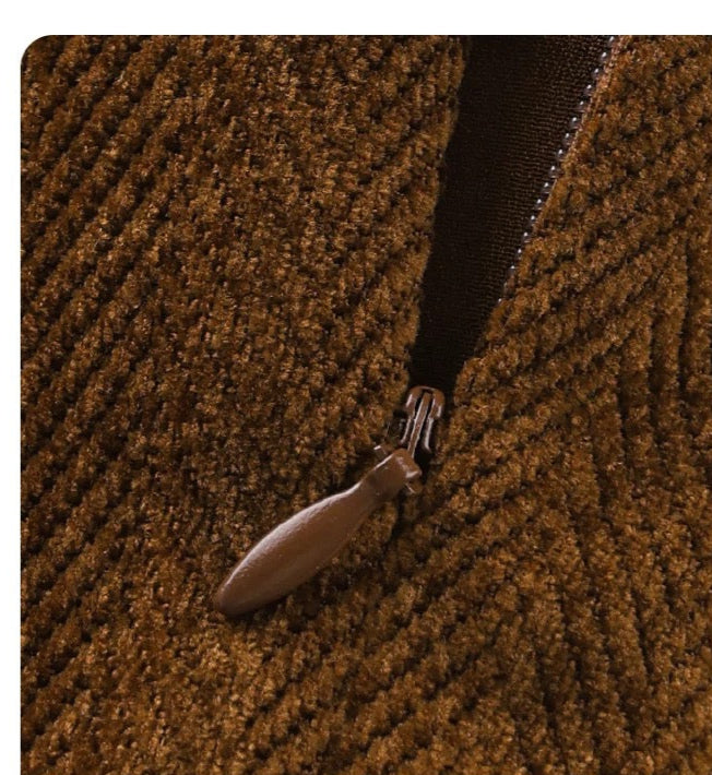 Brown textured fabric with a zipper and text overlay on a white background