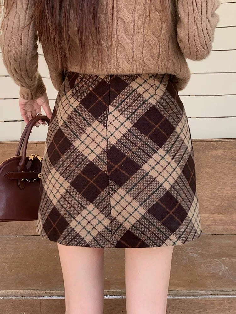 Gingham Corduroy A-Line Mini Skirt With Belt