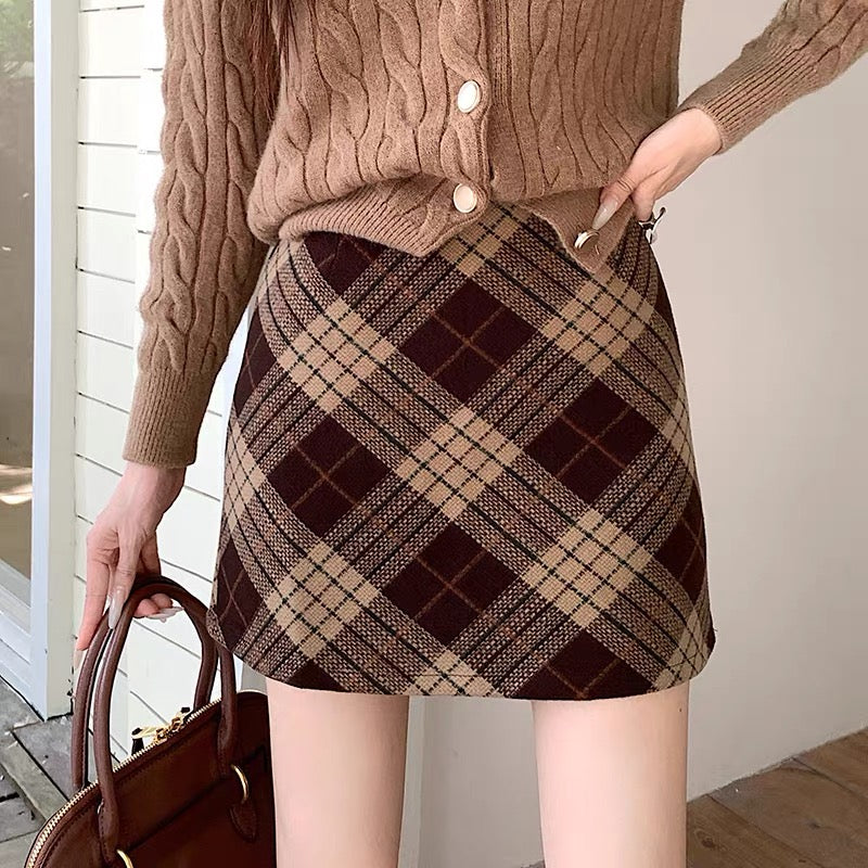 Gingham Corduroy A-Line Mini Skirt With Belt