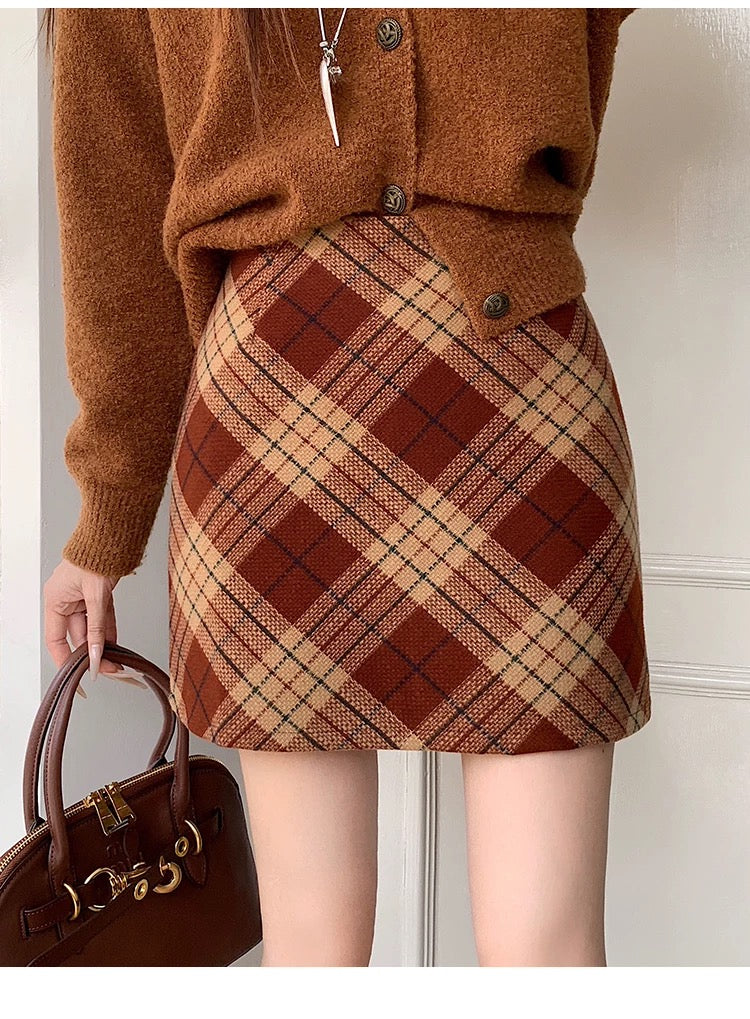 Gingham Corduroy A-Line Mini Skirt With Belt