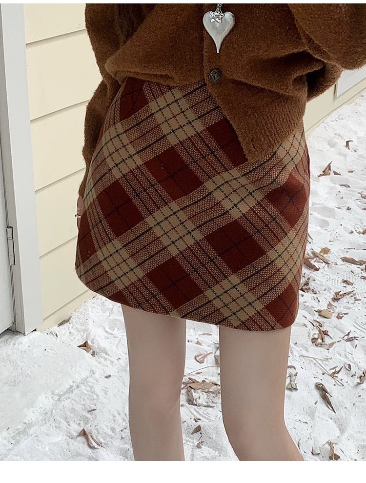Gingham Corduroy A-Line Mini Skirt With Belt