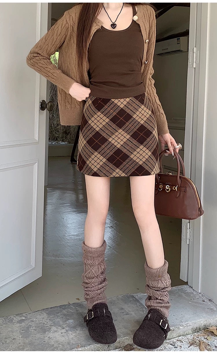 Gingham Corduroy A-Line Mini Skirt With Belt