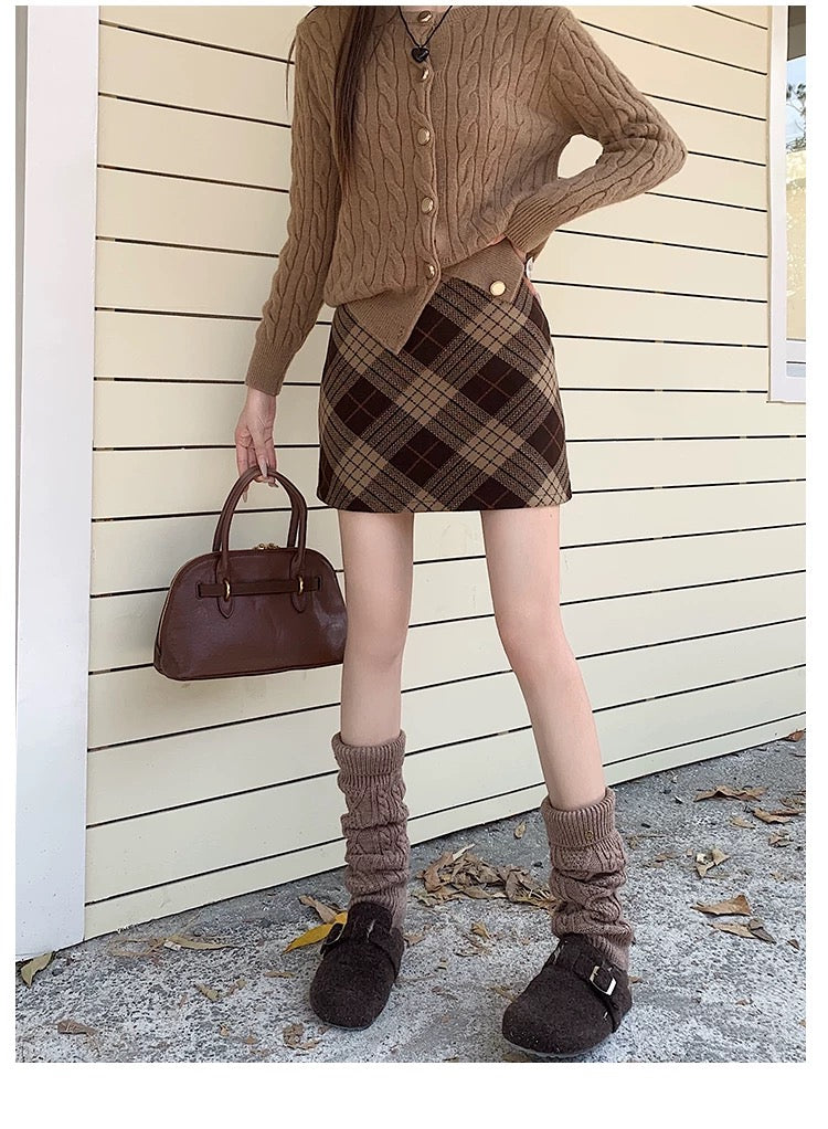 Gingham Corduroy A-Line Mini Skirt With Belt