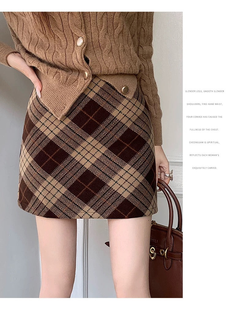 Gingham Corduroy A-Line Mini Skirt With Belt