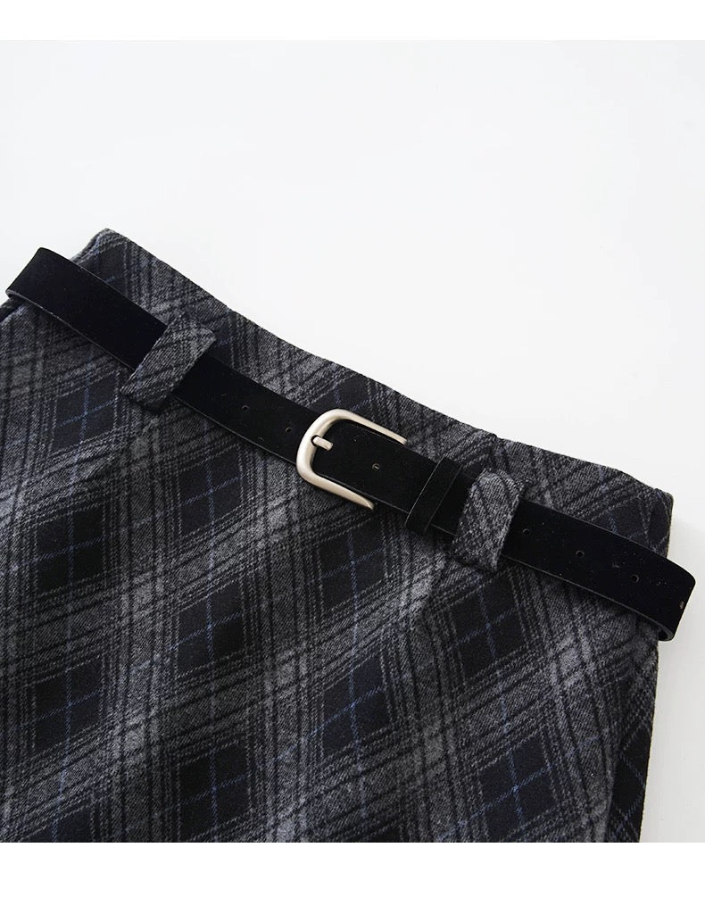 Gingham Corduroy A-Line Mini Skirt With Belt