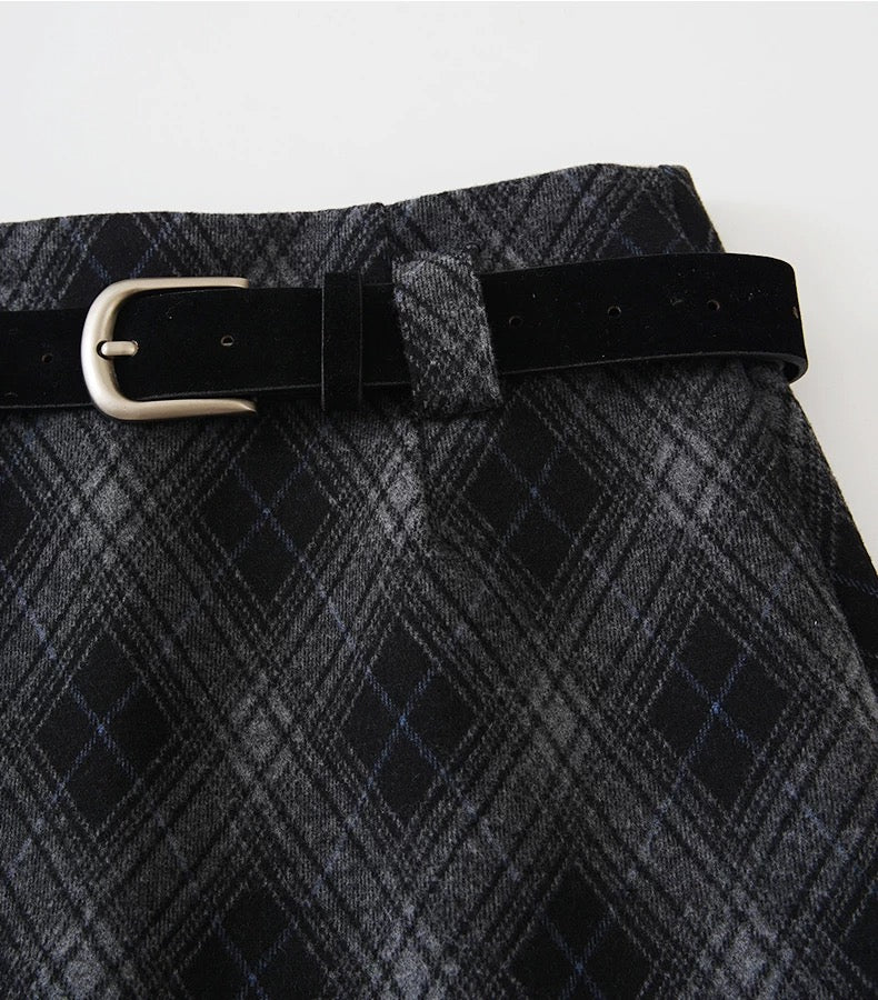Gingham Corduroy A-Line Mini Skirt With Belt