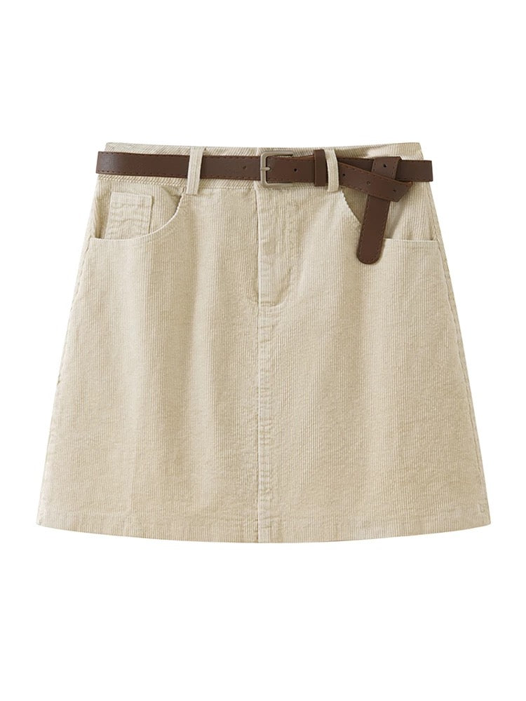 Corduroy A-Line Mini Skirt With Belt
