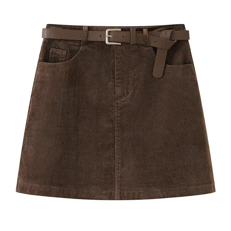 Corduroy A-Line Mini Skirt With Belt