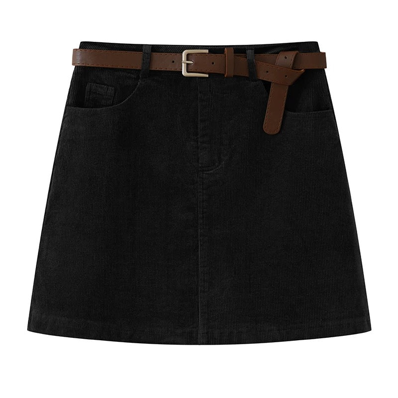 Corduroy A-Line Mini Skirt With Belt
