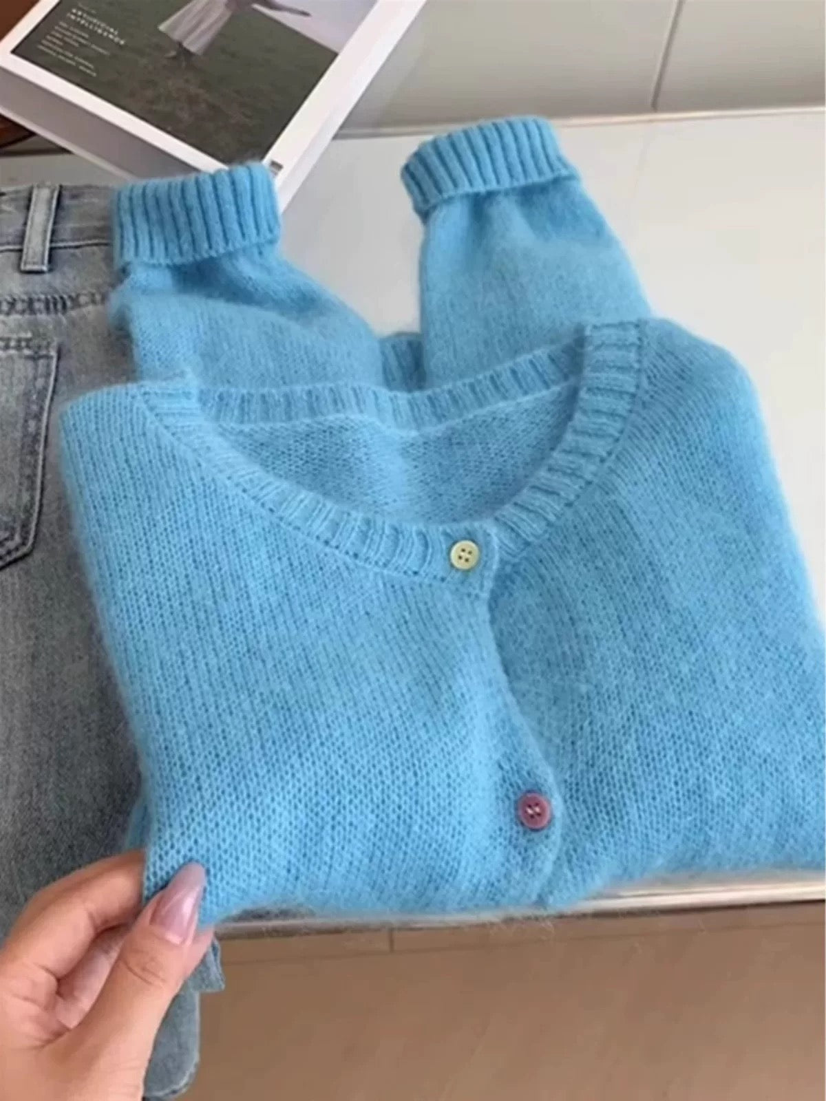 Soft Blue Fuzzy Knit Cardigan – Cozy Minimalist Sweater