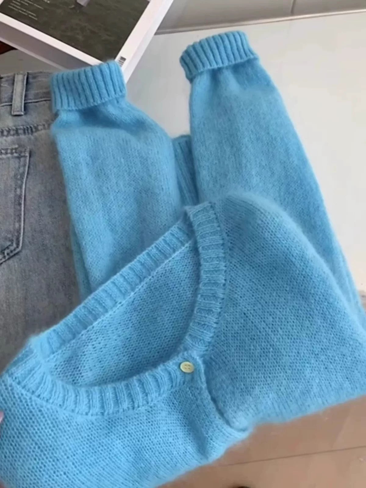 Soft Blue Fuzzy Knit Cardigan – Cozy Minimalist Sweater