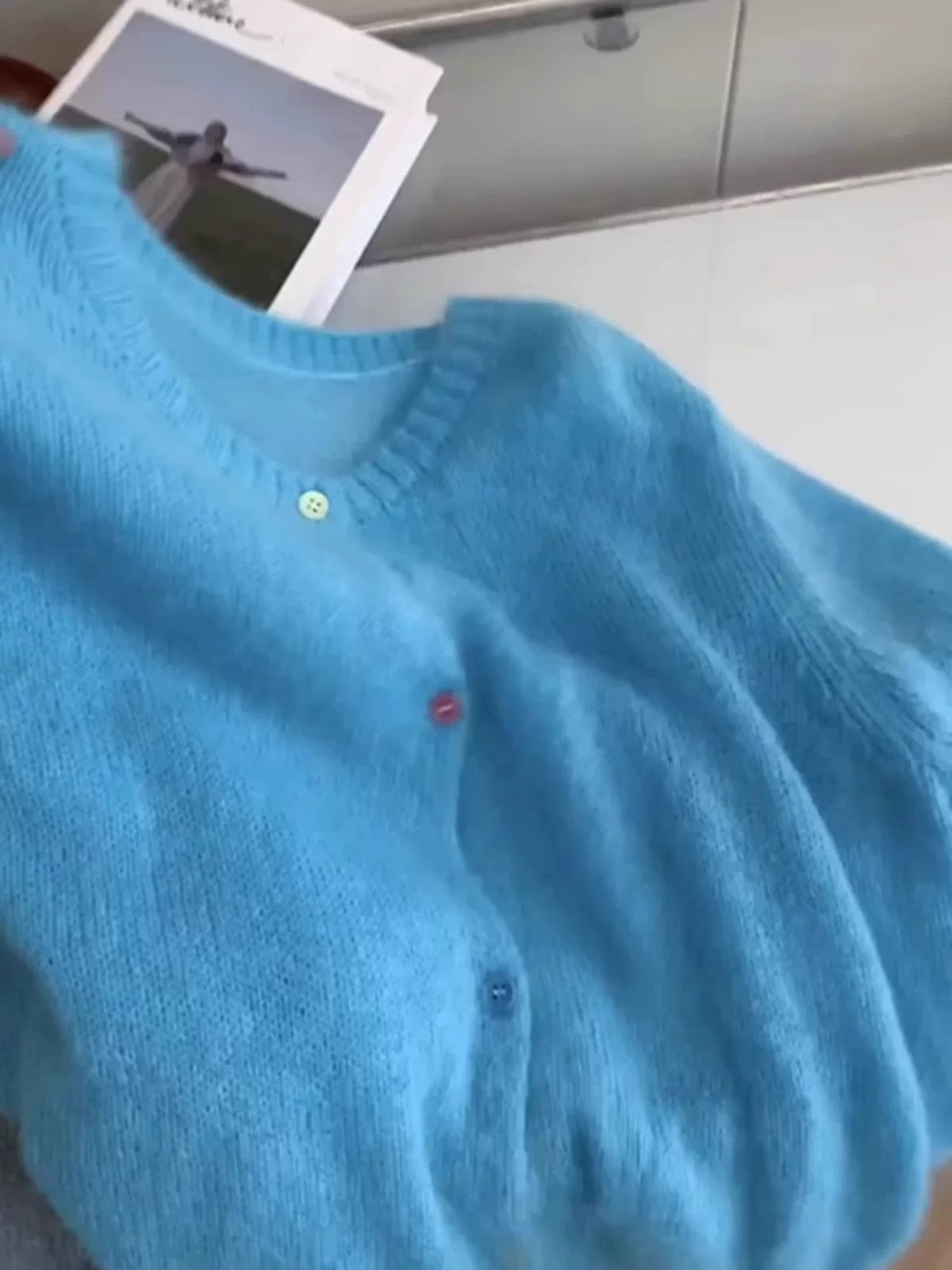 Soft Blue Fuzzy Knit Cardigan – Cozy Minimalist Sweater