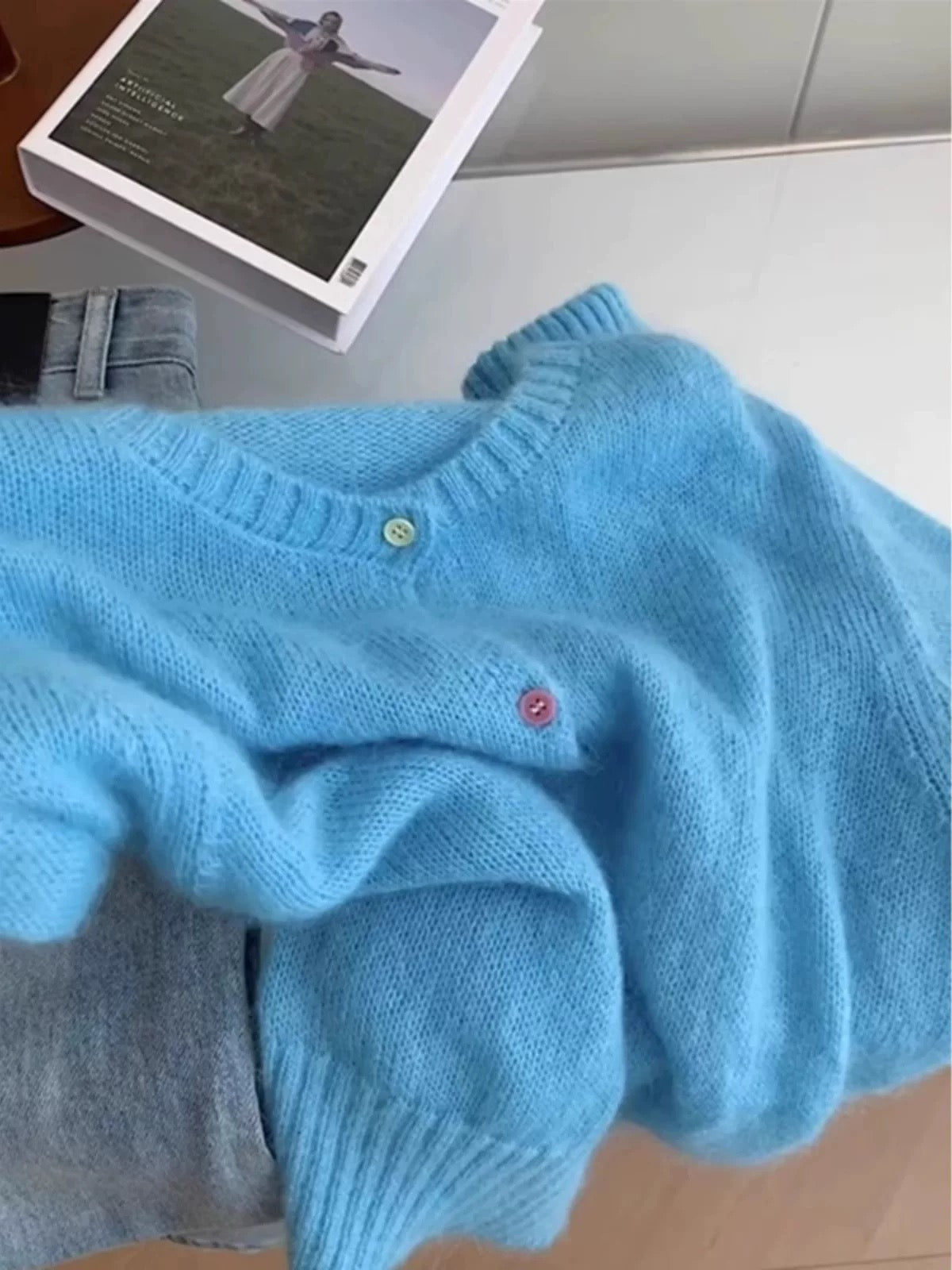 Soft Blue Fuzzy Knit Cardigan – Cozy Minimalist Sweater