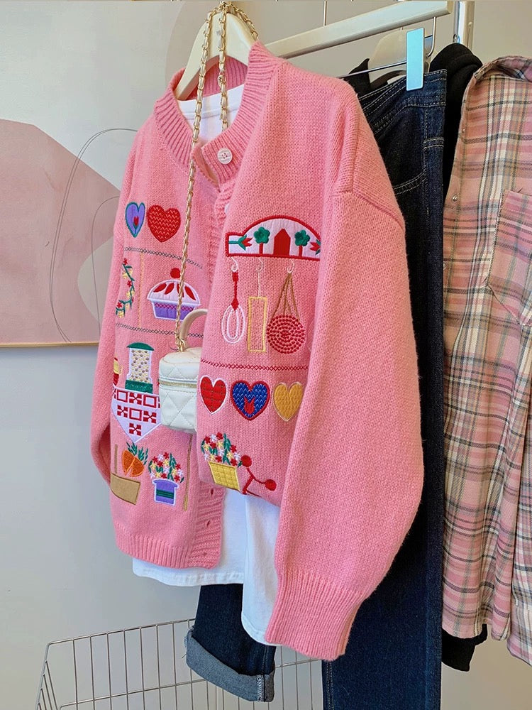 Pink Embroidered Knit Cardigan – Playful Vintage-Inspired Sweater