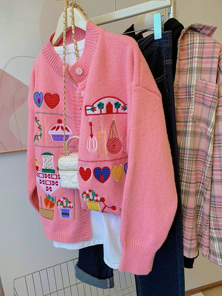 Pink Embroidered Knit Cardigan – Playful Vintage-Inspired Sweater