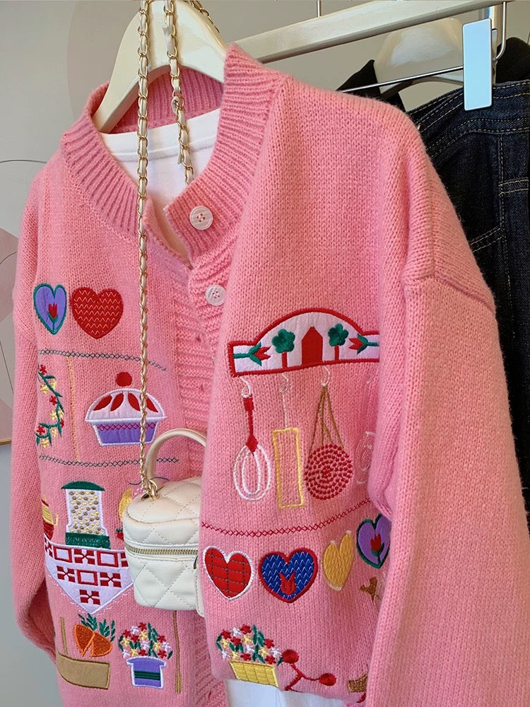 Pink Embroidered Knit Cardigan – Playful Vintage-Inspired Sweater