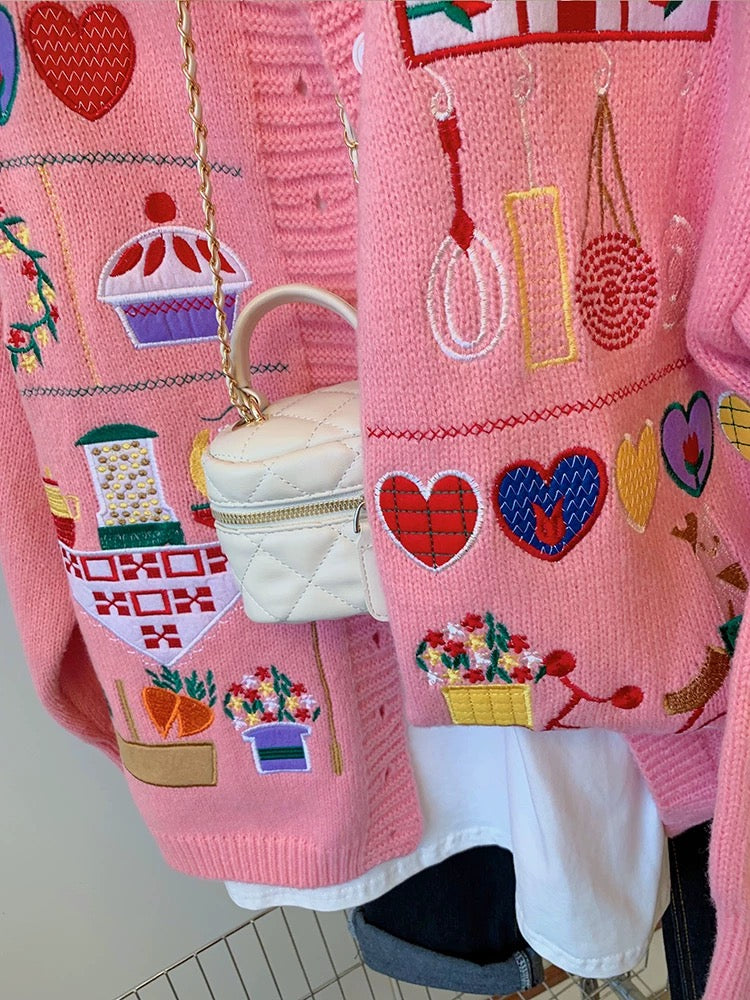 Pink Embroidered Knit Cardigan – Playful Vintage-Inspired Sweater