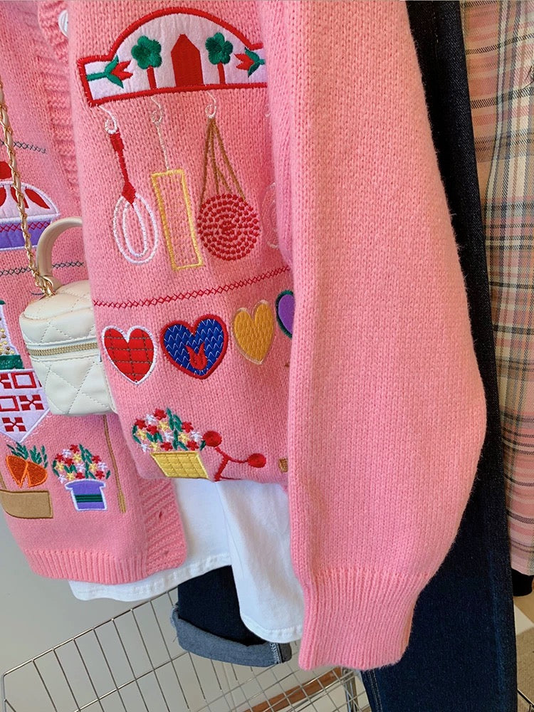 Pink Embroidered Knit Cardigan – Playful Vintage-Inspired Sweater