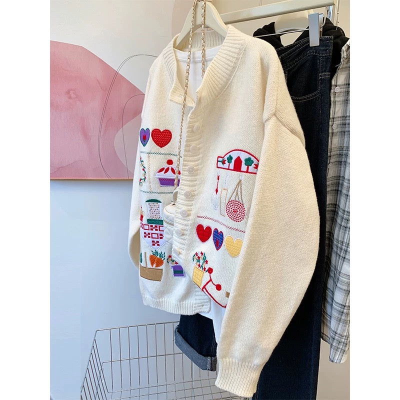 Pink Embroidered Knit Cardigan – Playful Vintage-Inspired Sweater