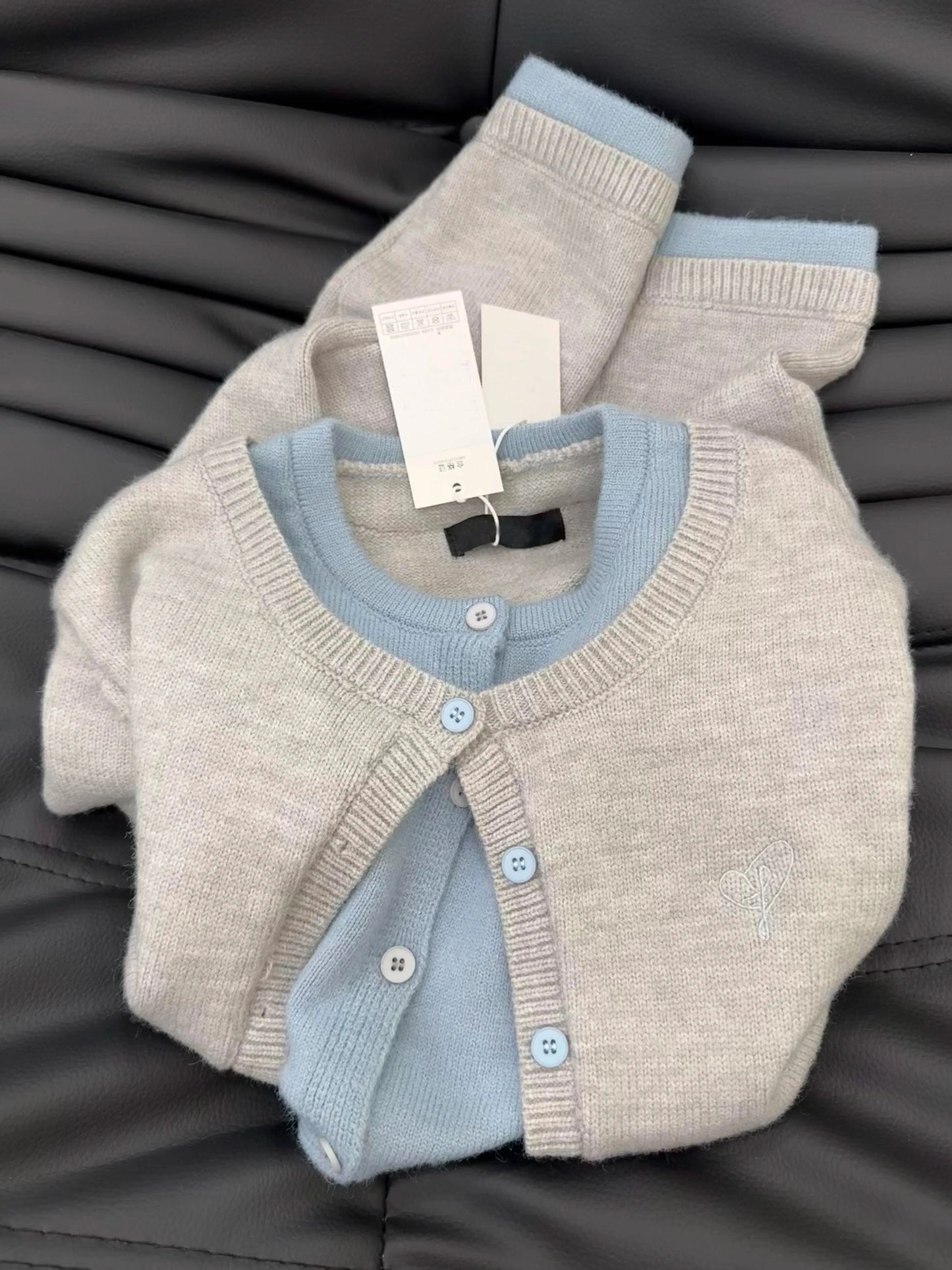 Grey and Blue Button-Up Knit Cardigan & Tank Top Set – Minimalist Style