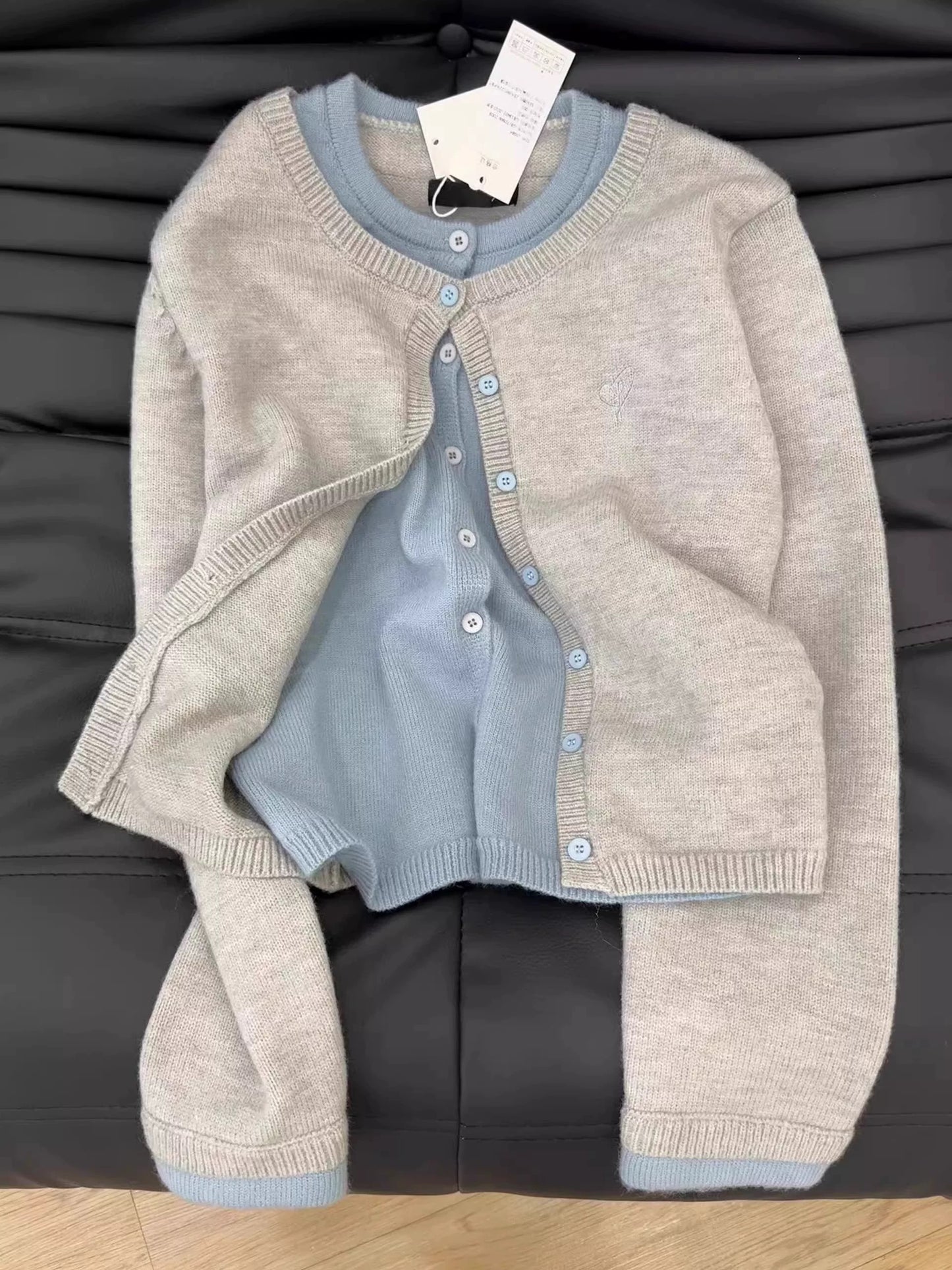 Grey and Blue Button-Up Knit Cardigan & Tank Top Set – Minimalist Style