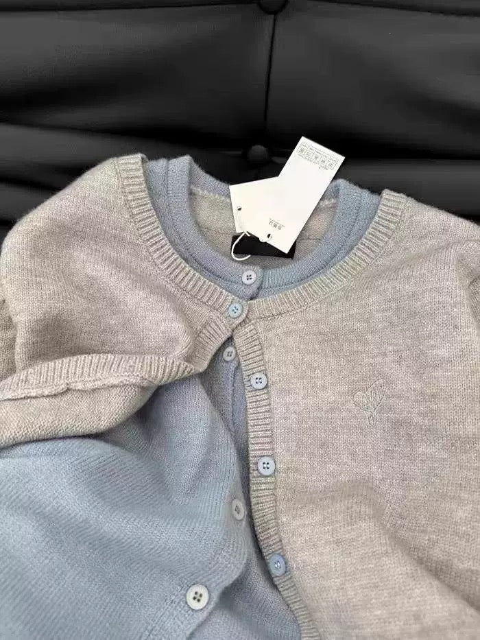 Grey and Blue Button-Up Knit Cardigan & Tank Top Set – Minimalist Style