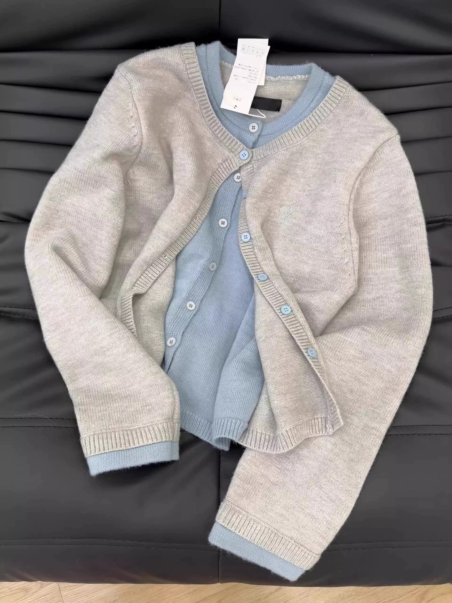 Grey and Blue Button-Up Knit Cardigan & Tank Top Set – Minimalist Style