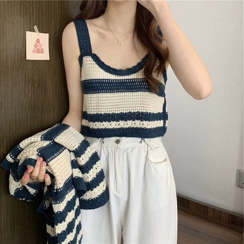 Navy & Cream Striped Crochet Cardigan & Tank Top – Vintage Knit Set