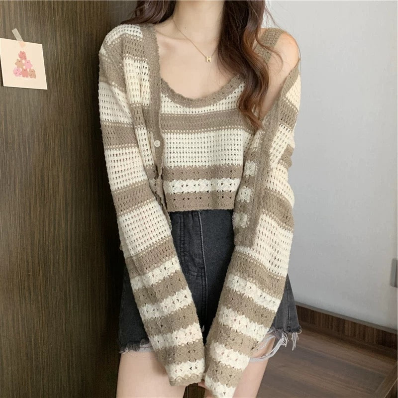 Navy & Cream Striped Crochet Cardigan & Tank Top – Vintage Knit Set
