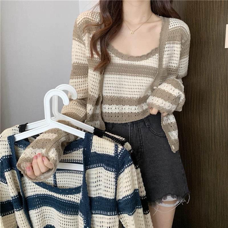 Navy & Cream Striped Crochet Cardigan & Tank Top – Vintage Knit Set