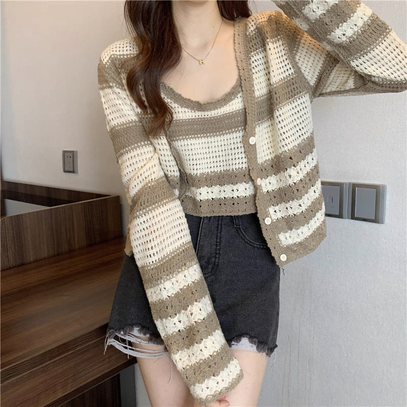 Navy & Cream Striped Crochet Cardigan & Tank Top – Vintage Knit Set