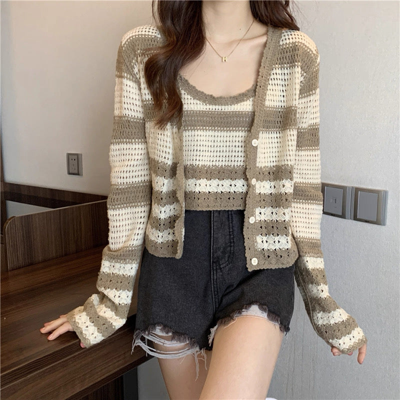 Navy & Cream Striped Crochet Cardigan & Tank Top – Vintage Knit Set