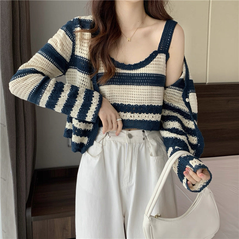 Navy & Cream Striped Crochet Cardigan & Tank Top – Vintage Knit Set