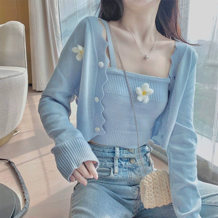 Cozy White Knit Cardigan & Crop Top Two-Piece Set – Casual Layered Outfit