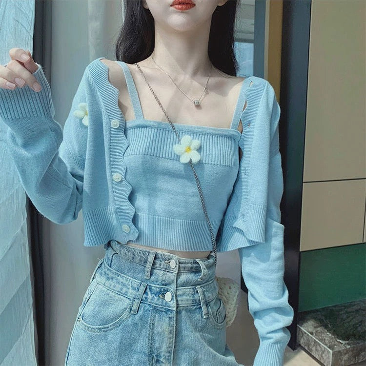 Cozy White Knit Cardigan & Crop Top Two-Piece Set – Casual Layered Outfit