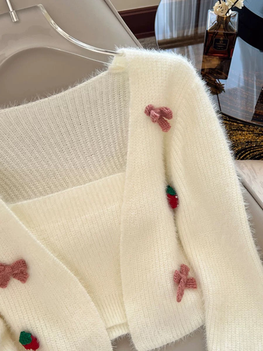 Cream Knit Cardigan with Strawberry and Bow Details – Cute Two Piece Set